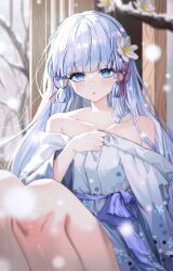 Rule 34 | 1girl, absurdres, ayaka (genshin impact), bad id, bad twitter id, bare shoulders, blue eyes, blunt tresses, blush, flower, flower knot, genshin impact, hair flower, hair ornament, hair ribbon, highres, japanese clothes, kimono, knees up, long hair, looking at viewer, mole, mole under eye, off shoulder, parted lips, ribbon, snowing, solo, thighs, tree, tress ribbon, ueng, white flower, white hair, winter