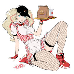 Rule 34 | 1girl, apron, black hat, blonde hair, blue eyes, bow, bowtie, fingerless gloves, fishnets, food, gloves, hat, highres, maid apron, omniformblue, persona, persona 5, persona 5: dancing star night, persona dancing, shoes, simple background, takamaki anne, thighs, twintails, white background