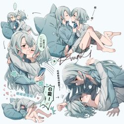 Rule 34 | ..., 2girls, animal ears, aqua hair, arms around neck, bang dream!, barefoot, blue shirt, bow, braid, cat-shaped pillow, cellphone, chinese commentary, chinese text, commentary request, girl on top, green eyes, grey shirt, hair bow, heart, hikawa hina, hikawa sayo, holding, holding phone, hug, imminent kiss, incest, long hair, looking at another, medium hair, multiple girls, multiple hair bows, phone, shirt, siblings, signature, sisters, smartphone, smile, sparkle, sparkling aura, spoken heart, tail, tanco sae, translation request, twin braids, twincest, twins, white background, yuri