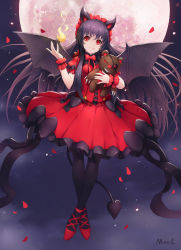 Rule 34 | 1girl, animal ears, annie (league of legends), bat ears, bat wings, black hair, black pantyhose, bow, character request, demon tail, fang, fire, full moon, heart, highres, holding, holding stuffed toy, league of legends, lolita fashion, looking at viewer, magical girl, mool yueguang, moon, pantyhose, red bow, red eyes, red ribbon, ribbon, smile, solo, stuffed animal, stuffed toy, tail, teddy bear, wings