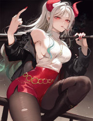 Rule 34 | 1girl, alternate costume, armpits, bare shoulders, baseball bat, black jacket, boots, breasts, cigarette, contemporary, curled horns, dutch angle, earrings, fingernails, green hair, grey hair, hands up, high-waist shorts, holding, holding baseball bat, holding weapon, hoop earrings, horns, jacket, jewelry, large breasts, long hair, looking at viewer, middle finger, mouth hold, multicolored hair, nail polish, off shoulder, on railing, one piece, oni, open clothes, open jacket, over shoulder, pantyhose, pendant, railing, red eyes, red horns, red nails, red shorts, runa (nori31291404), shorts, sideboob, sidelocks, sitting, smoke, smoking, solo, thigh strap, torn clothes, torn pantyhose, turtleneck, unzipped, very long hair, weapon, weapon over shoulder, yamato (one piece), zipper