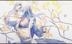 Rule 34 | 1girl, apron, bad id, bad pixiv id, blue dress, blue eyes, blurry, blurry foreground, branch, closed mouth, commentary request, depth of field, dress, hands up, highres, jewelry, letterboxed, long hair, long sleeves, looking at viewer, necklace, original, p2 (uxjzz), silver hair, solo, upper body