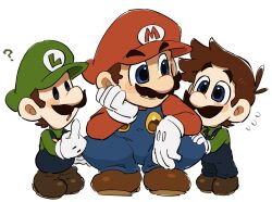 Rule 34 | 2boys, blue eyes, blue overalls, brown hair, chibi, dual persona, facial hair, gloves, green shirt, hat, highres, luigi, male focus, mario, mario (series), mimimi (mimimim9999), multiple boys, mustache, nintendo, overalls, shirt, short hair, simple background, white background, white gloves