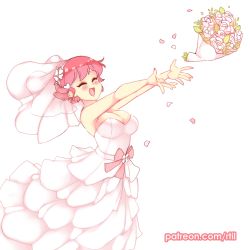 Rule 34 | 1girl, :d, ^ ^, bare arms, bare shoulders, blush, bouquet, bouquet toss, breasts, bridal veil, bride, closed eyes, commentary, dress, english commentary, closed eyes, facing away, flower, hair ornament, hairclip, happy, heart, heart hair ornament, katawa shoujo, large breasts, long dress, mikado shiina, open mouth, outstretched arms, patreon username, petals, rtil, short hair, simple background, smile, solo, strapless, strapless dress, veil, wedding dress, white background, white dress