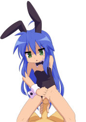 Rule 34 | 1boy, 1girl, absurdres, ahegao, animal ears, blue hair, bow, bowtie, censored, clitoris, clothed female nude male, clothing aside, detached collar, fake animal ears, girl on top, green eyes, hetero, highres, imminent penetration, izumi konata, leotard, leotard aside, long hair, lucky star, mole, mole under eye, mosaic censoring, not call, nude, penis, playboy bunny, pov, pov crotch, pussy, rabbit ears, solo focus, sweat, triangle mouth, white background, wrist cuffs