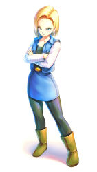 Rule 34 | 1girl, android 18, belt, black pantyhose, blonde hair, blue eyes, blue skirt, blue vest, boots, crossed arms, dragon ball, dragonball z, earrings, eply, full body, jewelry, pantyhose, serious, short hair, skirt, solo, vest, white background