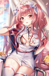 Rule 34 | 1girl, animal, artist name, azur lane, bandages, bird, blurry, blurry background, blush, breasts, chick, collared dress, commentary request, crossed bandaids, curtains, day, depth of field, dress, flower, gloves, hair flower, hair ornament, half gloves, hands up, hat, highres, holding, holding syringe, id card, indoors, large breasts, long hair, looking at viewer, manjuu (azur lane), nurse cap, open clothes, open dress, panties, parted lips, perseus (azur lane), perseus (unfamiliar duties) (azur lane), petals, red eyes, red flower, red gloves, red hair, red rose, rose, short sleeves, solo, squchan, syringe, teeth, thighhighs, thighs, twintails, underwear, upper teeth only, very long hair, white dress, white hat, white panties, white thighhighs