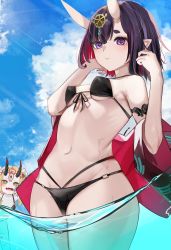 Rule 34 | 2girls, absurdres, adjusting hair, alternate costume, bikini, black bikini, blonde hair, blue sky, bob cut, breasts, cloud, cloudy sky, commentary, cowboy shot, eyeliner, facial mark, fang, fate/grand order, fate (series), forehead mark, front-tie bikini top, front-tie top, headpiece, highres, horns, ibaraki douji (fate), ibaraki douji (fate/grand order), ibaraki douji (swimsuit lancer) (fate), japanese clothes, kimono, looking at viewer, makeup, multi-strapped bikini, multicolored hair, multiple girls, navel, off shoulder, oni, open mouth, pointy ears, purple eyes, purple hair, red hair, red kimono, san (harutuki 3), short eyebrows, short hair, shuten douji (fate), skin-covered horns, sky, small breasts, solo focus, swimsuit, tattoo, thighs, two-tone hair, water, yellow eyes