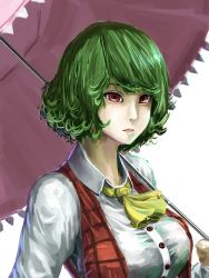 Rule 34 | 1girl, ascot, breasts, buttons, collared shirt, eyelashes, green hair, highres, kazami yuuka, kikimifukuri, large breasts, long sleeves, neck, nose, parasol, parted lips, plaid, plaid vest, red eyes, shirt, simple background, solo, touhou, umbrella, upper body, vest, wavy hair, white background