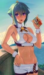 Rule 34 | 10s, 1girl, aquarion (series), aquarion evol, bad id, bad pixiv id, bare shoulders, breasts, carton, cleavage, cleavage cutout, clothing cutout, fang, food, fruit, green hair, groin, hair ribbon, large breasts, midriff, navel, ocean, open mouth, purple eyes, ribbon, short hair, short shorts, shorts, sideboob, sky, solo, strawberry, translated, wall, zessica wong, zzzalam