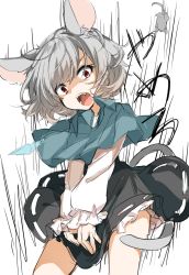 Rule 34 | 1girl, animal ears, black skirt, blue capelet, capelet, commentary request, cowboy shot, fang, grey hair, highres, karasusou nano, long sleeves, looking at viewer, miniskirt, mouse (animal), mouse ears, mouse tail, nazrin, open mouth, petticoat, red eyes, shirt, short hair, simple background, skirt, solo, standing, tail, thighs, touhou, translation request, v arms, white background, white shirt, wing collar