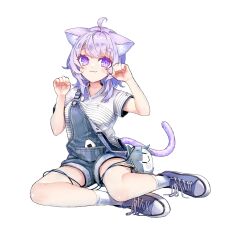 Rule 34 | 1girl, :3, alternate costume, animal ears, bag, blush, blush stickers, cat ears, cat girl, cat tail, closed mouth, commentary request, ena1215, gawr gura, handbag, highres, hololive, hololive english, looking at viewer, nekomata okayu, overall shorts, overalls, paw pose, purple eyes, purple hair, shirt, shoes, short hair, simple background, smile, sneakers, socks, solo, striped clothes, striped shirt, t-shirt, tail, virtual youtuber, wavy hair, white background, white shirt, white socks