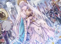 Rule 34 | 1girl, 6+boys, anastasia (fate), blue cape, blue eyes, bracelet, building, cape, cello, church, cloud, cloudy sky, coat of arms, colonnade, crystal, day, doll, dress, drum, dutch angle, earrings, faceless, faceless male, fate/grand order, fate (series), flower, flower request, gem, gloves, hairband, helmet, holding, holding doll, instrument, jacket, jewelry, long dress, long hair, looking at viewer, military, military uniform, multiple boys, music, open mouth, orchestra, outdoors, pants, plume, royal robe, see-through, silver hair, sitting, sky, solo focus, torino aqua, trumpet, uniform, veil, very long hair, white gloves
