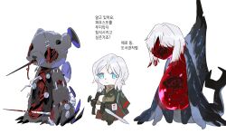 Rule 34 | 3girls, black coat, black pants, black vest, blood, blood in hair, brown sweater, coat, coat on shoulders, e.g.o (project moon), faust (project moon), gapamopa, headless ichthys, highres, holding, holding sword, holding weapon, hurting teddy bear, limbus company, monster girl, multiple girls, multiple persona, pants, project moon, simple background, stuffed animal, stuffed toy, sweater, sword, teddy bear, turtleneck, turtleneck sweater, vest, weapon, white background, white hair