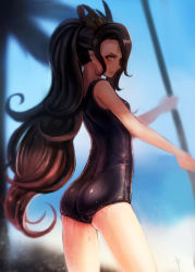Rule 34 | 1girl, absurdres, ass, bare shoulders, brown eyes, brown hair, bryanth, highres, long hair, one-piece swimsuit, palm tree, pixiv fantasia, pixiv fantasia fallen kings, ponytail, school swimsuit, shiny clothes, signature, solo, source request, swimsuit, thighs, tree, very long hair, water, wet