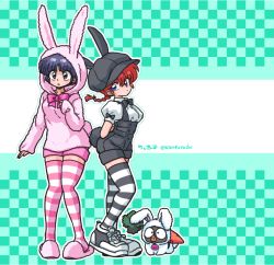 Rule 34 | 1boy, 2girls, animal costume, animal ears, animal hat, animal hood, black legwear, black overalls, blouse, bow, bowtie, braid, cabbie hat, carrot, checkered background, denim, fake animal ears, fake tail, food, from side, genderswap, genderswap (mtf), green background, hat, head tilt, hibiki ryouga, hood, multiple girls, overall shorts, overalls, p-chan, pig, rabbit costume, rabbit ears, rabbit hat, rabbit hood, rabbit tail, ranma-chan, ranma 1/2, saotome ranma, shirt, shoes, short shorts, shorts, single braid, slippers, standing, striped clothes, striped legwear, striped thighhighs, suspenders, tail, thighhighs, wanta (futoshi), white shirt