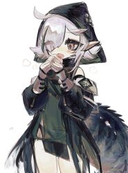 Rule 34 | 1girl, arknights, baozi, bare shoulders, black jacket, blue eyes, commentary request, dress, fang, food, goggles, goggles around neck, green dress, hair over one eye, heterochromia, highres, holding, holding food, hood, hood up, jacket, looking away, off shoulder, open clothes, open jacket, open mouth, pointy ears, red eyes, simple background, solo, standing, tail, tansansui, tomimi (arknights), white background, white hair