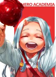 Rule 34 | 1girl, apple, boku no hero academia, candy apple, caramel apple, child, closed eyes, commentary request, copyright name, eri (boku no hero academia), fingernails, food, foreshortening, fruit, highres, holding, holding food, horns, long hair, open mouth, red background, shirt, silver hair, single horn, solo, two-tone background, white background, yomoyama yotabanashi