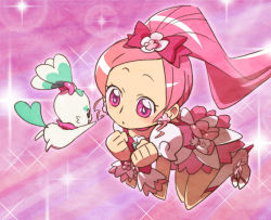Rule 34 | 10s, 1girl, animal ears, boots, bow, brooch, chypre (heartcatch precure!), creature, cure blossom, dress, earrings, flower, full body, hair flower, hair ornament, hair ribbon, hanasaki tsubomi, heart, heart brooch, heartcatch precure!, high heels, jewelry, knee boots, kneeling, long hair, magical girl, mascot, pink bow, pink eyes, pink hair, pink theme, ponytail, precure, ribbon, rim1010, shoes, smile, solo, sparkle, tail, wrist cuffs