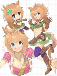 Rule 34 | 1girl, animal ears, bandana, bare shoulders, boots, braid, braided ponytail, breasts, brown footwear, brown gloves, brown hair, chibi, commentary request, detached sleeves, earrings, fold-over boots, frilled sleeves, frills, full body, gloves, green bandana, green skirt, grid, gun, hair between eyes, hair ornament, hand on own hip, handgun, hat, highres, holstered, horse ears, horse girl, horse tail, jewelry, knee up, large breasts, medium hair, midriff, navel, necklace, notice lines, official alternate costume, official art, open mouth, plaid, plaid shirt, ponytail, puffy short sleeves, puffy sleeves, purple thighhighs, revolver, sangria (sangria69), shirt, short sleeves, single earring, skirt, smile, strap, sun hat, taiki shuttle (bubblegum memories) (umamusume), taiki shuttle (umamusume), tail, teeth, thighhighs, umamusume, upper teeth only, weapon