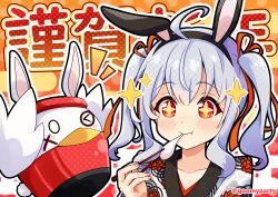 Rule 34 | + +, 1girl, :t, absurdres, animal ears, black hairband, blush, chopsticks, closed mouth, collarbone, copyright request, eating, egasumi, fake animal ears, floral print, food, goom (goomyparty), grey hair, hair between eyes, hairband, hand up, highres, holding, holding chopsticks, japanese clothes, kimono, mochi, notice lines, outline, print kimono, rabbit ears, red eyes, sidelocks, solo, twintails, white kimono, white outline