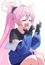 Rule 34 | 1girl, = =, absurdres, black shirt, blue archive, blue jacket, closed eyes, clothes down, commentary, fang, fingerless gloves, gloves, gym shirt, gym uniform, halo, head bump, highres, jacket, koyuki (blue archive), long hair, open mouth, pink hair, shirt, skin fang, solo, sweatdrop, symbol-only commentary, tears, track jacket, twintails, very long hair, wavy mouth, yuki (asayuki101)