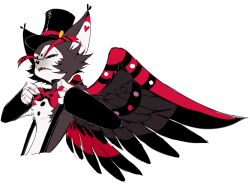 Rule 34 | 1boy, adjusting bowtie, animal ears, animal nose, black hat, black sclera, black wings, body fur, bow, bowtie, cat boy, cat ears, chinese commentary, colored sclera, commentary request, cropped torso, furry, furry male, glaring, grey fur, hat, hazbin hotel, highres, husk (hazbin hotel), looking at viewer, lyrics800, male focus, multicolored wings, parted lips, red bow, red bowtie, red wings, sharp teeth, simple background, solo, suspenders, teeth, top hat, traditional bowtie, two-tone fur, white background, white fur, wings, yellow eyes, yellow teeth