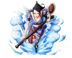 Rule 34 | 1girl, black hair, bodskih, breasts, cleavage, feathered wings, gun, laki (one piece), long hair, midriff, official art, one piece, one piece treasure cruise, ponytail, rifle, sandals, solo, transparent background, weapon, wings