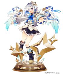 Rule 34 | 1girl, :d, amane kanata, amane kanata (1st costume), angel, angel wings, armband, black footwear, blush, boots, colored inner hair, feathered wings, frilled skirt, frills, full body, gradient wings, grey hair, halo, highres, hololive, looking at viewer, multicolored hair, multicolored wings, open mouth, oshio (dayo), purple eyes, ribbon, sailor collar, short hair, skirt, smile, solo, star halo, turtleneck, virtual youtuber, white wings, wings