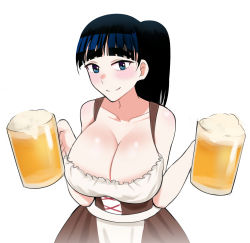 Rule 34 | 1girl, alcohol, beer, beer mug, black hair, blue eyes, breasts, brown dress, cleavage, cup, drawfag, dress, dual wielding, ebino mei, hatsukoi zombie, highres, holding, large breasts, looking at viewer, mug, oktoberfest, ponytail, simple background, sketch, smile, solo, standing, thick eyebrows, white background