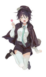 Rule 34 | 1girl, :d, absurdres, aqua necktie, black footwear, black hair, black headwear, black jacket, black shorts, breasts, bungou stray dogs, candy, collared shirt, commentary request, edogawa ranpo (bungou stray dogs), fang, food, full body, genderswap, genderswap (mtf), green eyes, highres, holding, holding candy, holding food, holding lollipop, jacket, jumping, kitou saji, lollipop, long hair, long sleeves, looking at viewer, medium breasts, necktie, open clothes, open jacket, open mouth, shirt, shirt tucked in, shorts, simple background, smile, solo, straight-on, thighhighs, white background, white shirt, white thighhighs