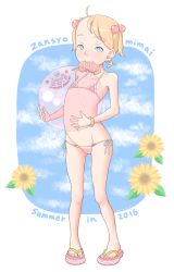 Rule 34 | 10s, 1girl, 2016, a kun, ball, bikini, blonde hair, child, cloud, earrings, eyebrows, female focus, flower, hair bobbles, hair ornament, hammer and sickle, highres, holding, jewelry, looking at viewer, original, sandals, shiny skin, side-tie bikini bottom, sky, solo, standing, sunflower, swimsuit, toes