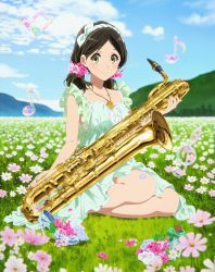 Rule 34 | 10s, 1girl, baritone saxophone, beamed quavers, black hair, brown eyes, cloud, collarbone, day, dress, flower, full body, glass slipper, hair flower, hair ornament, hairband, hibike! euphonium, highres, instrument, jewelry, looking at viewer, musical note, necklace, official art, ogasawara haruka, outdoors, quaver, sitting, solo, treble clef, twintails