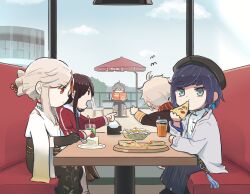 Rule 34 | 2boys, 3girls, ahoge, alhaitham (genshin impact), beidou (genshin impact), black hair, brown gloves, brown hair, cake, commentary, diagonal bangs, eating, food, genshin impact, glass, gloves, green eyes, grey hair, grey jacket, highres, holding, holding food, holding pizza, holding spoon, jacket, kaedehara kazuha, long hair, long sleeves, looking at another, looking outside, multiple boys, multiple girls, ningguang (genshin impact), ningguang (pizza hut) (genshin impact), open mouth, outdoors, pizza, pizza hut, pointing, red eyes, red jacket, sidelocks, sitting, spoon, strawberry shortcake, white hair, xinzoruo, yelan (genshin impact), yelan (pizza hut) (genshin impact)