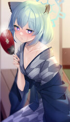 Rule 34 | 1girl, absurdres, animal ears, aqua hair, blue archive, blurry, blurry background, blush, collarbone, commentary request, depth of field, double-parted bangs, grey kimono, hair between eyes, hand fan, haori, highres, holding, holding fan, indoors, japanese clothes, kimono, light particles, looking at viewer, nose blush, obi, off shoulder, official alternate costume, official alternate hairstyle, open mouth, paper fan, purple eyes, sash, seele0907, shigure (blue archive), shigure (hot spring) (blue archive), short hair, solo, steaming body, uchiwa, weasel ears, weasel girl, wooden floor
