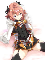 Rule 34 | 1boy, armor, astolfo (fate), black bow, black thighhighs, blush, bow, braid, cape, capelet, closed mouth, cowboy shot, fate/apocrypha, fate/grand order, fate (series), garter straps, gauntlets, hair between eyes, hair bow, hair intakes, hand on own chest, kanameya, long hair, looking at viewer, male focus, multicolored hair, pink hair, purple eyes, single braid, sitting, smile, solo, streaked hair, thighhighs, trap, white cape