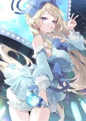 Rule 34 | 1girl, :o, absurdres, alternate costume, blonde hair, bloomers, blue archive, blue bow, blue dress, blue eyes, blue halo, bow, breasts, cowboy shot, detached sleeves, dress, hair bow, halo, highres, large bow, long hair, medium breasts, meunhongcha, solo, toki (blue archive), underwear, v, waist bow, white bloomers