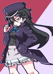 Rule 34 | 1girl, absurdres, banchou, black hair, black shirt, blue bow, blue bowtie, bow, bowtie, bright pupils, clenched hand, coat, commentary, cowboy shot, delinquent, english commentary, frilled skirt, frills, grey skirt, growbally, hair between eyes, hand in pocket, hat, high collar, highres, long coat, long hair, love live!, love live! school idol festival, mixed-language commentary, outline, peaked cap, purple background, purple coat, purple hat, red background, school uniform, shiga hitomi, shirt, skirt, solo, standing, two-tone background, v-shaped eyebrows, white outline, white pupils, yellow eyes