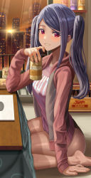 Rule 34 | 1girl, alcohol, barefoot, beer, beer can, black panties, blouse, blue hair, blush, breasts, can, drink can, elbow rest, feet, from side, grin, hand up, highres, holding, holding can, jill stingray, kotatsu, long hair, no pants, on floor, panties, pink shirt, pink sweater, print shirt, red eyes, shirt, sidelocks, silvertsuki, sitting, slut shirt, smile, solo, sweater, table, thighs, twintails, underwear, va-11 hall-a, wariza