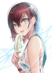 Rule 34 | 1girl, :d, :p, bare shoulders, bikini, bikini under clothes, blue bikini, blue eyes, blue sailor collar, breasts, brown hair, cucumber, food, from side, hair between eyes, highres, holding, holding food, looking at viewer, looking to the side, medium breasts, mitsunari miyako, open mouth, original, popsicle, sailor collar, see-through, shirt, short hair, smile, solo, swimsuit, tongue, tongue out, upper body, wet, wet clothes, wet shirt, white background, white shirt