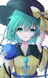Rule 34 | 1girl, aisiro 0602, black hat, bow, closed mouth, collarbone, commentary request, green eyes, green hair, hat, hat bow, heart, highres, komeiji koishi, long sleeves, looking at viewer, short hair, simple background, smile, solo, third eye, touhou, upper body, white background, yellow bow