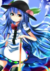 Rule 34 | 1girl, blue hair, cloud, cloudy sky, day, food, fruit, hat, highres, hinanawi tenshi, looking at viewer, peach, red eyes, sky, solo, sword of hisou, te toga, thighhighs, touhou