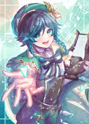 Rule 34 | 1boy, black hair, blue hair, blush, bow, braid, cape, flower, gem, genshin impact, gradient hair, green eyes, green hat, hair flower, hair ornament, hat, highres, holding, holding instrument, instrument, ittokyu, jewelry, leaf, long sleeves, looking at viewer, lyre, male focus, multicolored hair, musical note, open mouth, outstretched arm, smile, solo, trap, triangle, twin braids, venti (genshin impact), white flower