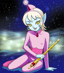 Rule 34 | 1girl, blue skin, bodysuit, colored sclera, colored skin, full body, haruyama kazunori, looking at viewer, open mouth, pointy ears, purple bodysuit, short hair, slit pupils, smile, solo, space, star (sky), ulysses 31, yellow sclera, yumi (ulysses 31)
