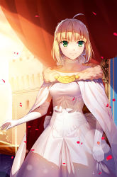 Rule 34 | 1girl, ahoge, alternate costume, artoria pendragon (all), artoria pendragon (fate), backlighting, blonde hair, bow, breasts, building, cape, choker, closed mouth, collarbone, curtains, dress, elbow gloves, fate/stay night, fate (series), fur collar, fur trim, gloves, green eyes, medium breasts, petals, rose petals, saber (fate), short hair, smile, solo, sparkle, standing, sunlight, vmax-ver, white bow, white cape, white dress, white gloves