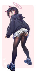 Rule 34 | 1girl, absurdres, animal ears, ass, ass grab, black hair, black pantyhose, blue archive, blush, closed mouth, clothes lift, colored inner hair, from behind, grabbing own ass, hair ornament, hairclip, halo, hand on own ass, highres, hood, hooded jacket, jacket, kazusa (blue archive), kneepits, lifting own clothes, looking at viewer, looking back, miniskirt, multicolored hair, panties, panties under pantyhose, pantyhose, pink eyes, pink hair, pleated skirt, r1zen, shoes, short hair, skirt, skirt lift, sneakers, solo, standing, thighband pantyhose, two-tone hair, underwear, white panties, white skirt