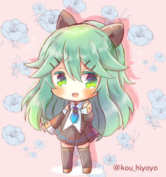 Rule 34 | 1girl, :d, black bow, black serafuku, black shirt, black skirt, black sleeves, black thighhighs, blue neckerchief, blush, bow, brown background, brown footwear, chibi, commentary request, detached sleeves, floral print, flying sweatdrops, full body, green eyes, green hair, hair between eyes, hair bow, hair ornament, hairclip, hand up, high ponytail, kantai collection, kou hiyoyo, long hair, long sleeves, neckerchief, open mouth, pleated skirt, sailor collar, school uniform, serafuku, shirt, skirt, sleeveless, sleeveless shirt, sleeves past wrists, smile, solo, standing, thighhighs, twitter username, very long hair, white sailor collar, yamakaze (kancolle)