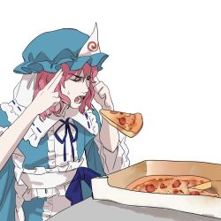 Rule 34 | 1girl, aihara-rina, blue hat, blue kimono, concentrating, fingers to head, food, hands up, hat, highres, japanese clothes, kimono, lower teeth only, man levitating pizza (meme), medium hair, meme, mob cap, open mouth, photo-referenced, pink hair, pizza, saigyouji yuyuko, simple background, sleeves past elbows, solo, sweat, teeth, telekinesis, touhou, triangular headpiece, upper body, white background, wide sleeves