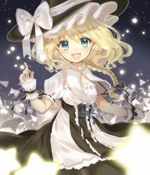 Rule 34 | 1girl, :d, alternate eye color, bad id, bad twitter id, blonde hair, blue eyes, braid, breasts, capelet, cleavage cutout, clothing cutout, commentary, danmaku, dress, fingernails, hat, highres, hyr uuu, kirisame marisa, looking at viewer, medium breasts, nail polish, night, night sky, open mouth, short hair with long locks, single braid, sky, smile, solo, star (symbol), touhou, wavy hair, witch hat, wrist cuffs
