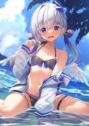 Rule 34 | 1girl, amane kanata, amane kanata (work), amanuki-san, angel, angel wings, bare shoulders, bikini, blue hair, chocolate banana, collarbone, colored inner hair, flat chest, food, food on face, grey hair, hair ornament, hair rings, hairclip, hololive, jacket, jacket partially removed, long hair, multicolored hair, navel, open mouth, partially submerged, purple eyes, solo, stomach, swimsuit, thigh strap, twintails, virtual youtuber, water, wings